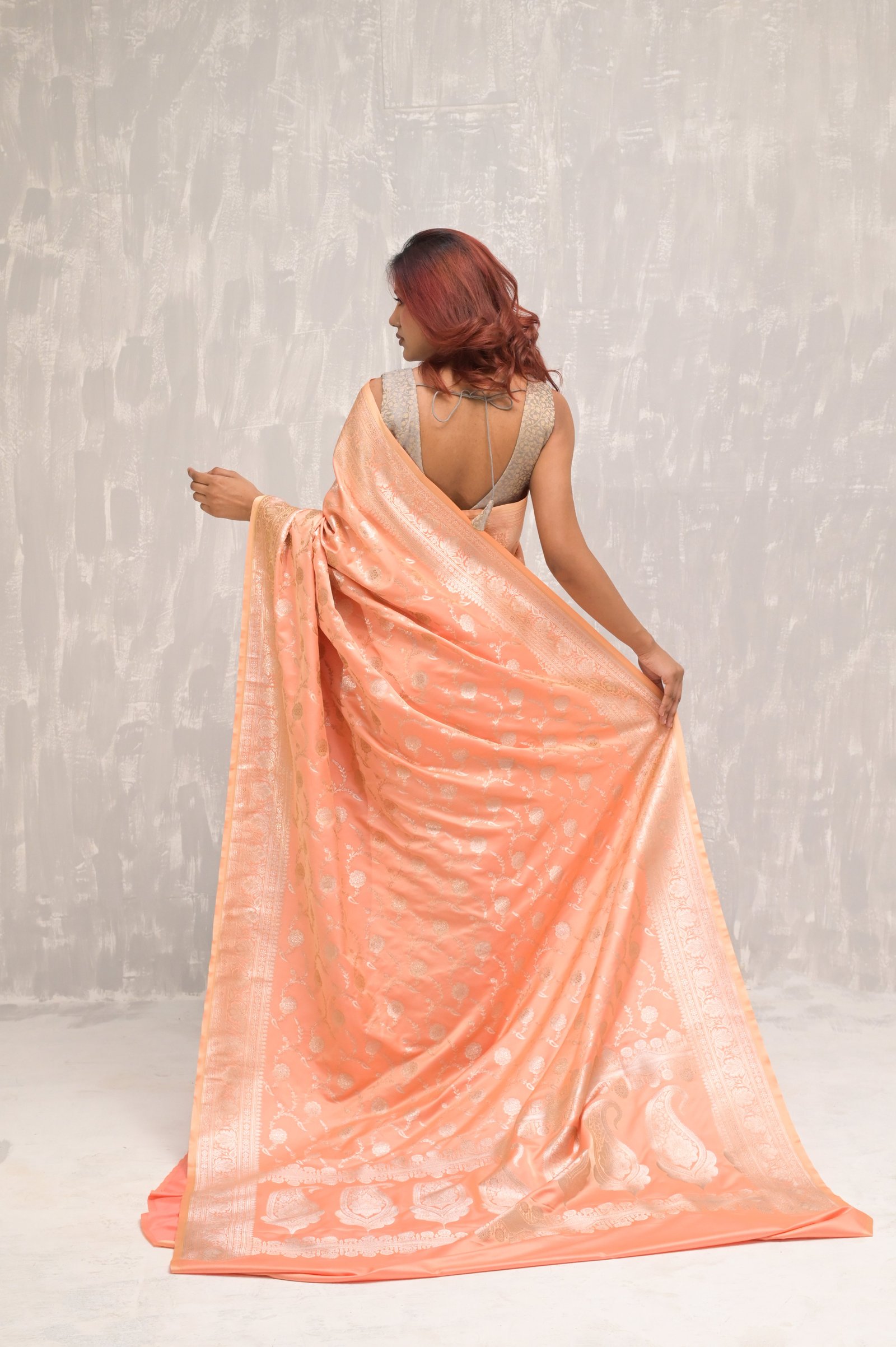 Peach floral Jangla Silver  Zari Handwoven Katan Silk Banarasi Saree